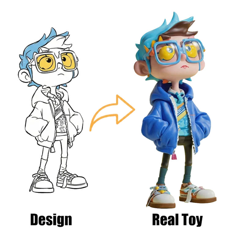 Illustrated character design on left transformed into colorful 3D vinyl toy on right, showing design development.