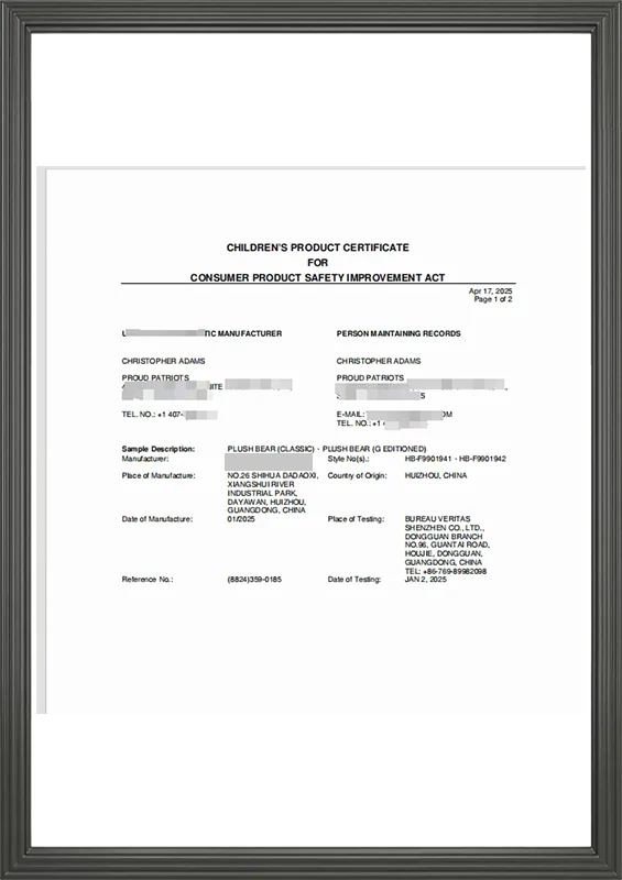Children's Product Certificate (Plush Bear)