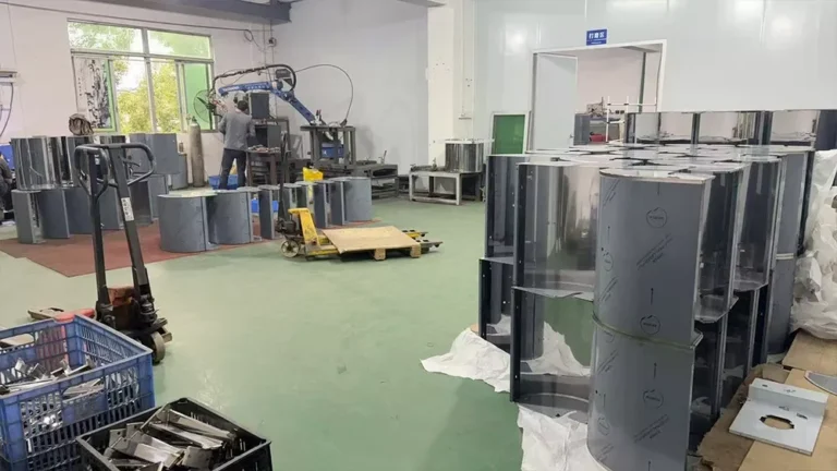Inside a metal fabrication workshop with machinery and metal parts, including a worker operating equipment and stacked materials.